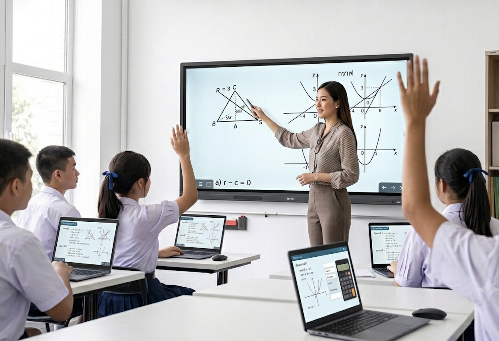 A teacher presenting a maths lesson on a smart board to engaged students in a Thai classroom
