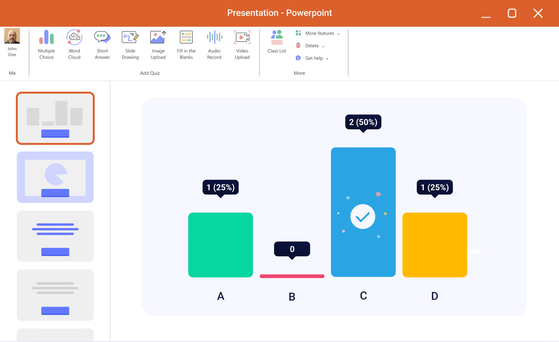 ClassPoint running a live multiple-choice quiz inside PowerPoint, with student responses shown as a chart