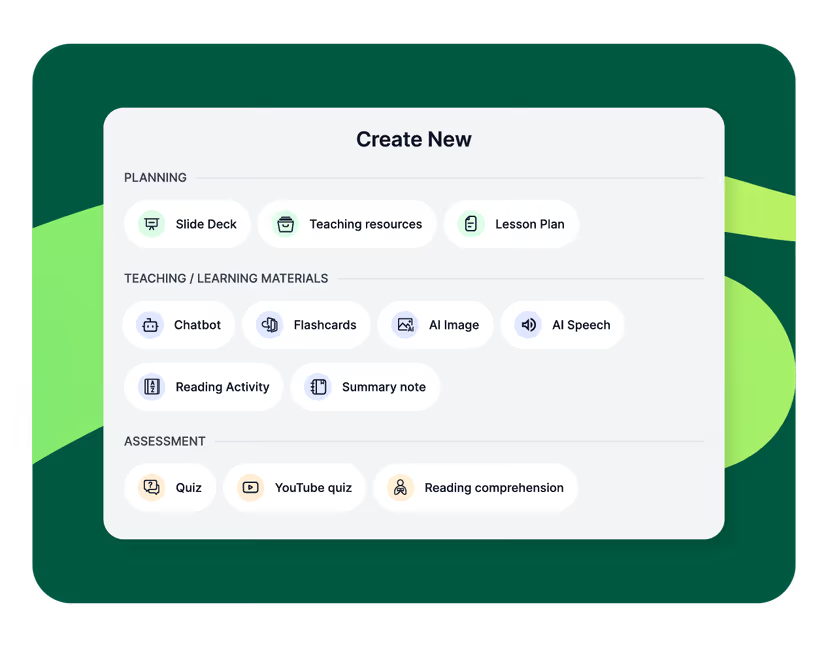 Edcafe AI's Create New panel showing tools for planning, teaching materials and assessment